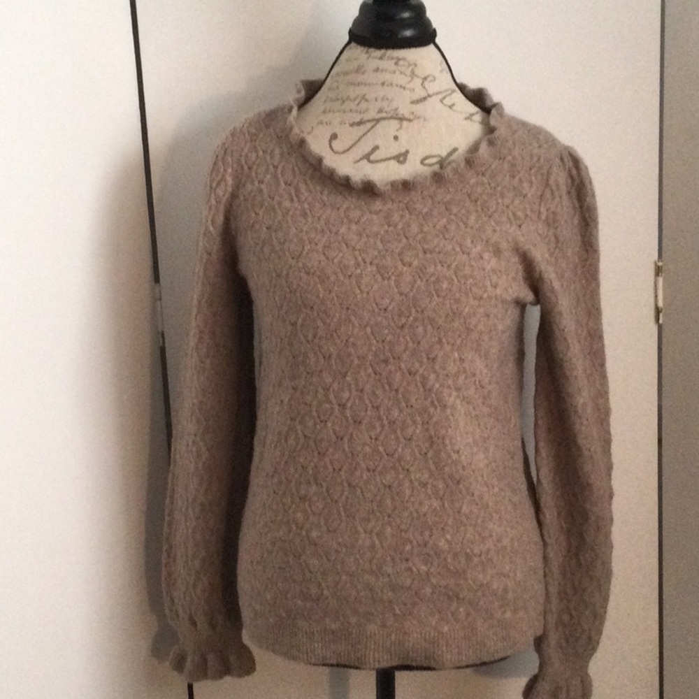 Wool Blend Beige Sweater Sz S Sundays Neutral Classic Feminine Cozy Ruffle